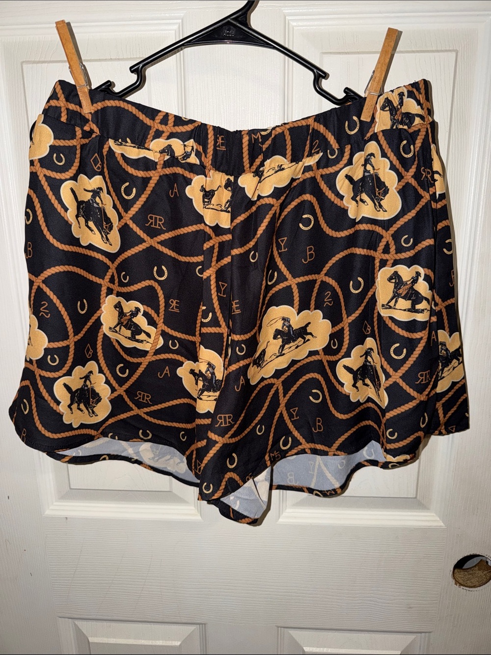 Women's Black Athletic Shorts with Tan Equestrian Print